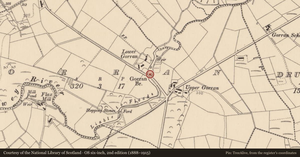 Ordnance Survey six-inch map, 2nd edition (1888–1915) covering the location of Gorran Bridge, Causeway Coast and Glens, with a pin at the register's coordinates