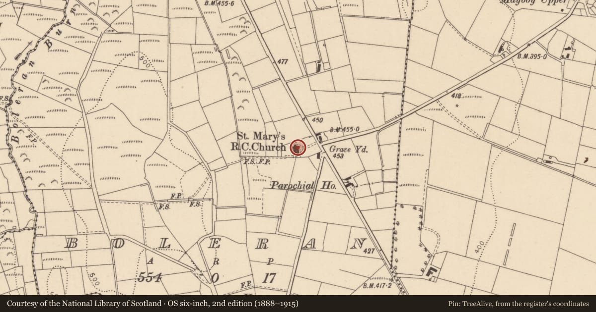 Ordnance Survey six-inch map, 2nd edition (1888–1915) covering the location of St Mary's Roman Catholic Church, Boleran, Causeway Coast and Glens, with a pin at the register's coordinates