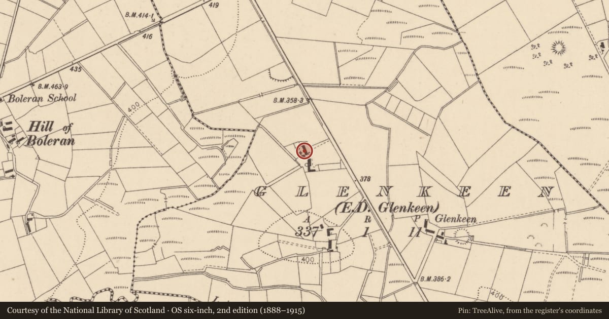 Ordnance Survey six-inch map, 2nd edition (1888–1915) covering the location of Boleran Road, Causeway Coast and Glens, with a pin at the register's coordinates