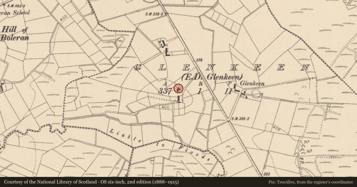 Ordnance Survey six-inch map, 2nd edition (1888–1915) covering the location of 52 Boleran Road, Glenkeen, Causeway Coast and Glens, with a pin at the register's coordinates