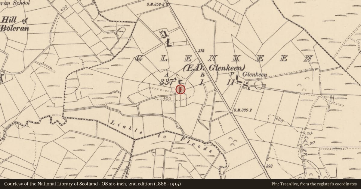Ordnance Survey six-inch map, 2nd edition (1888–1915) covering the location of Boleran Road, Causeway Coast and Glens, with a pin at the register's coordinates