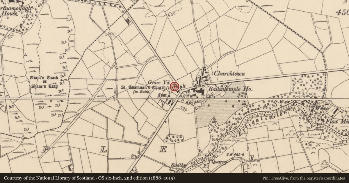 Ordnance Survey six-inch map, 2nd edition (1888–1915) covering the location of Graveyard, Causeway Coast and Glens, with a pin at the register's coordinates
