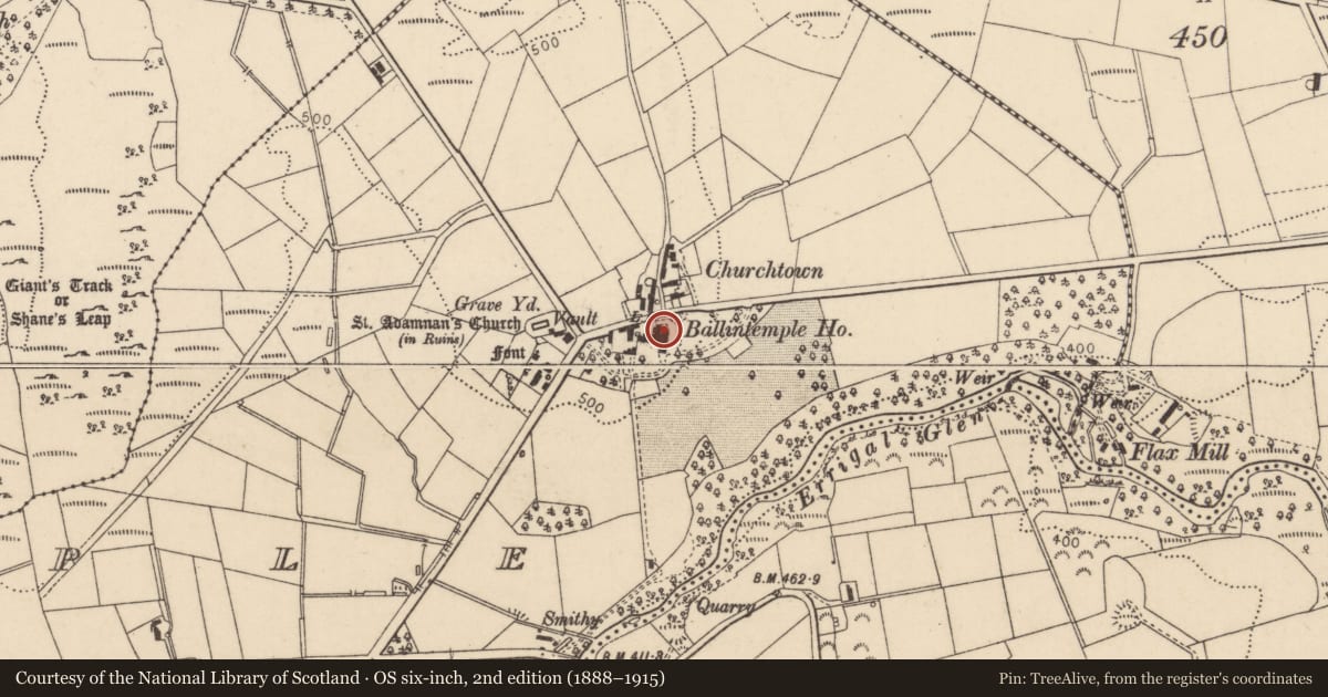 Ordnance Survey six-inch map, 2nd edition (1888–1915) covering the location of Ballintemple House, Causeway Coast and Glens, with a pin at the register's coordinates