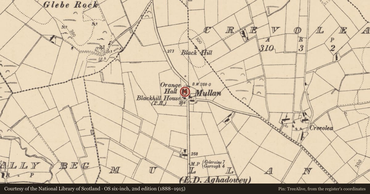 Ordnance Survey six-inch map, 2nd edition (1888–1915) covering the location of 5 Crevolea Road, Mullan, Causeway Coast and Glens, with a pin at the register's coordinates
