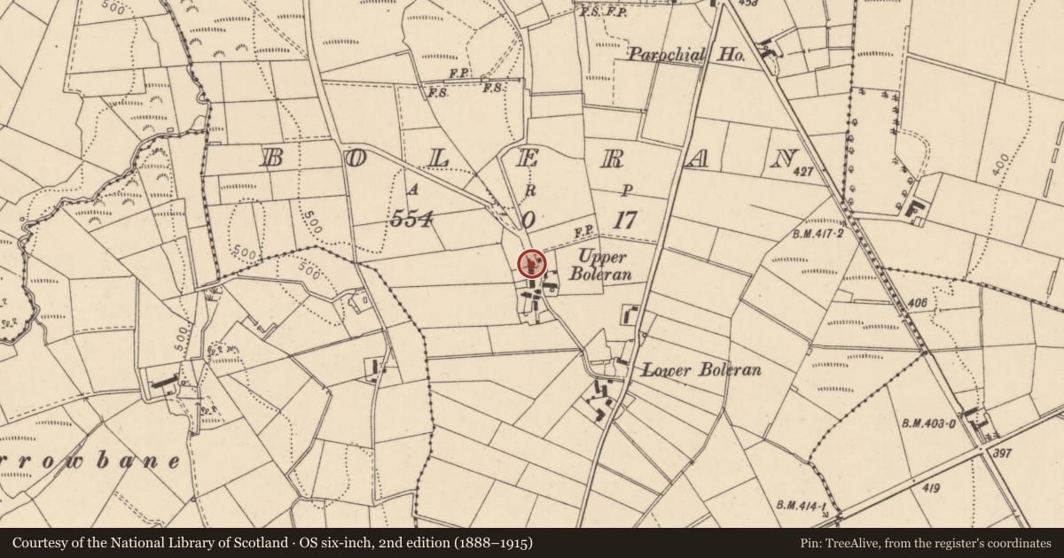 Ordnance Survey six-inch map, 2nd edition (1888–1915) covering the location of 21 Boleran Park, Causeway Coast and Glens, with a pin at the register's coordinates