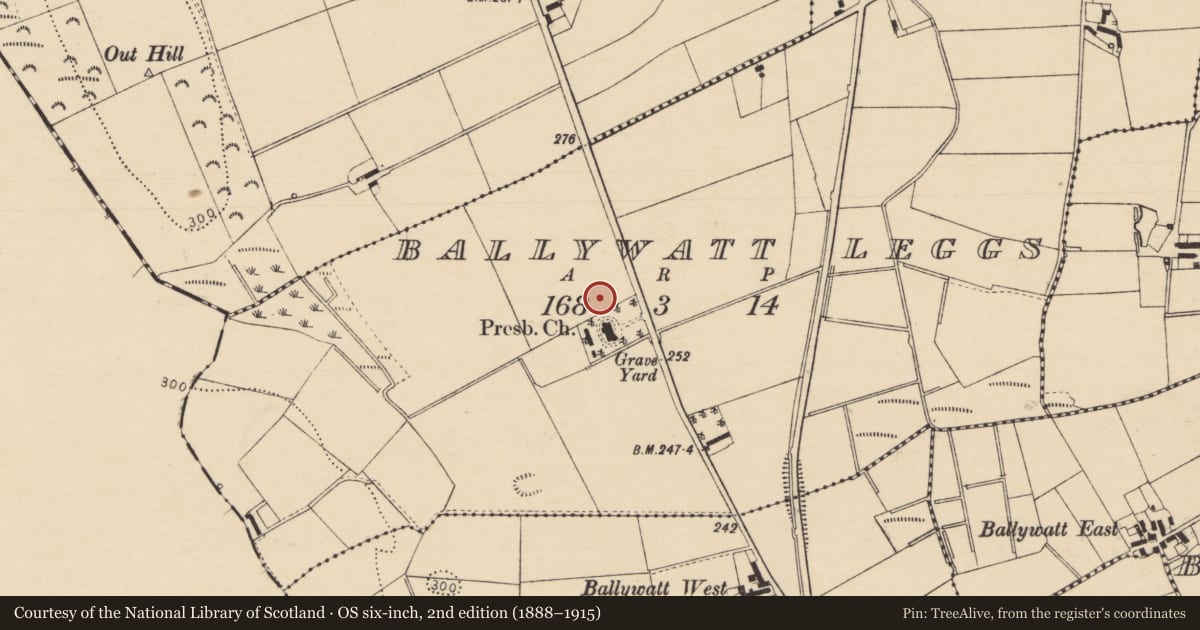 Ordnance Survey six-inch map, 2nd edition (1888–1915) covering the location of Moore Memorial Hall, Ballywatt Leggs, Causeway Coast and Glens, with a pin at the register's coordinates