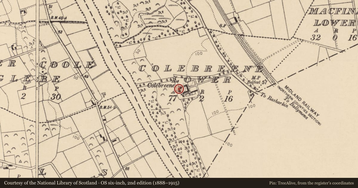 Ordnance Survey six-inch map, 2nd edition (1888–1915) covering the location of Colebreene, Colebreene Lower, Causeway Coast and Glens, with a pin at the register's coordinates
