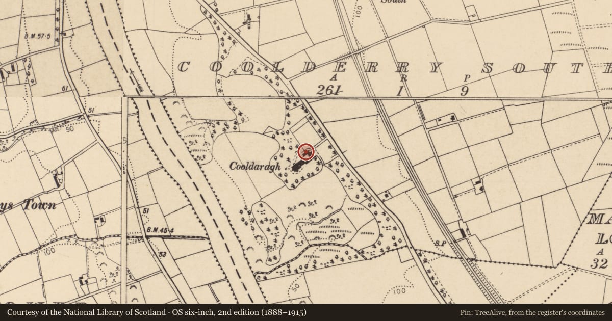 Ordnance Survey six-inch map, 2nd edition (1888–1915) covering the location of Outbuildings, Coolderry South, Causeway Coast and Glens, with a pin at the register's coordinates