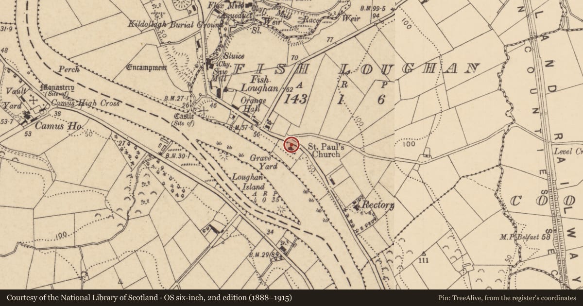 Ordnance Survey six-inch map, 2nd edition (1888–1915) covering the location of St Paul's Church, Fish Loughan, Causeway Coast and Glens, with a pin at the register's coordinates