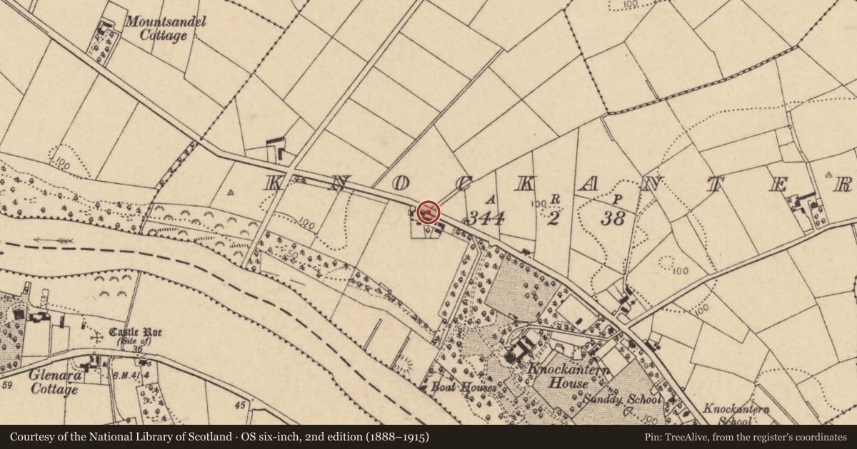 Ordnance Survey six-inch map, 2nd edition (1888–1915) covering the location of 183 Mountsandel Road, Causeway Coast and Glens, with a pin at the register's coordinates
