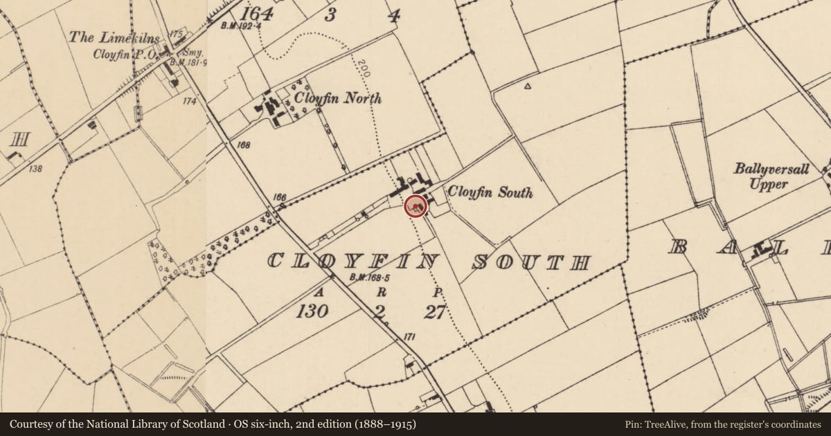 Ordnance Survey six-inch map, 2nd edition (1888–1915) covering the location of 83 Creamery Road, Cloyfin South, Causeway Coast and Glens, with a pin at the register's coordinates