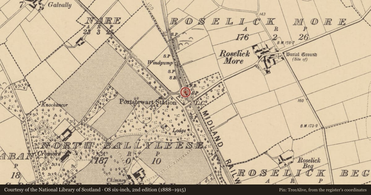 Ordnance Survey six-inch map, 2nd edition (1888–1915) covering the location of Cromore Station, Causeway Coast and Glens, with a pin at the register's coordinates