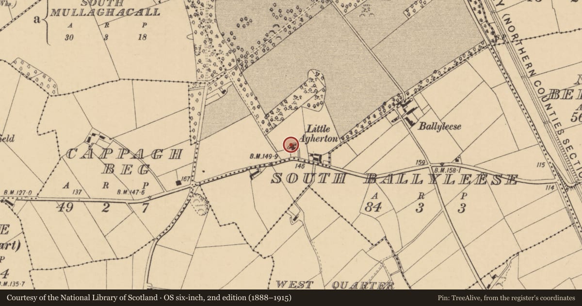 Ordnance Survey six-inch map, 2nd edition (1888–1915) covering the location of Gatescreen, Ballyleese North, Causeway Coast and Glens, with a pin at the register's coordinates