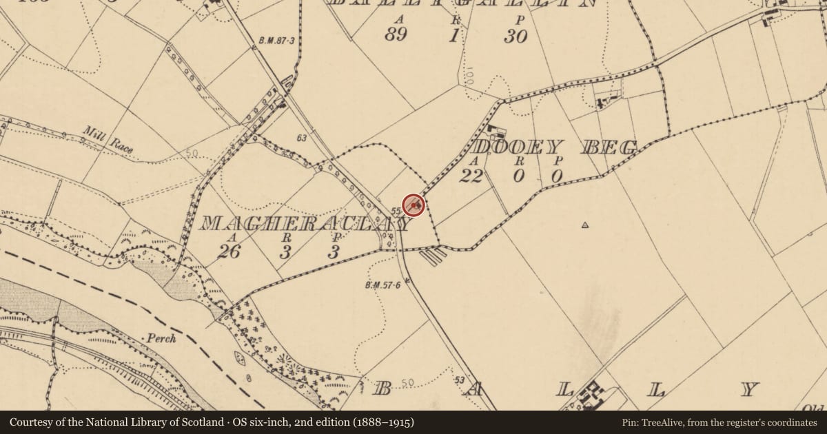 Ordnance Survey six-inch map, 2nd edition (1888–1915) covering the location of 2 Dundooan Road, Causeway Coast and Glens, with a pin at the register's coordinates