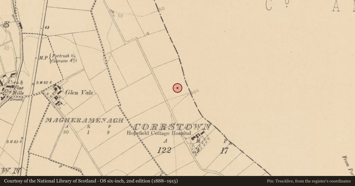 Ordnance Survey six-inch map, 2nd edition (1888–1915) covering the location of Briarfield, Corrstown, Causeway Coast and Glens, with a pin at the register's coordinates