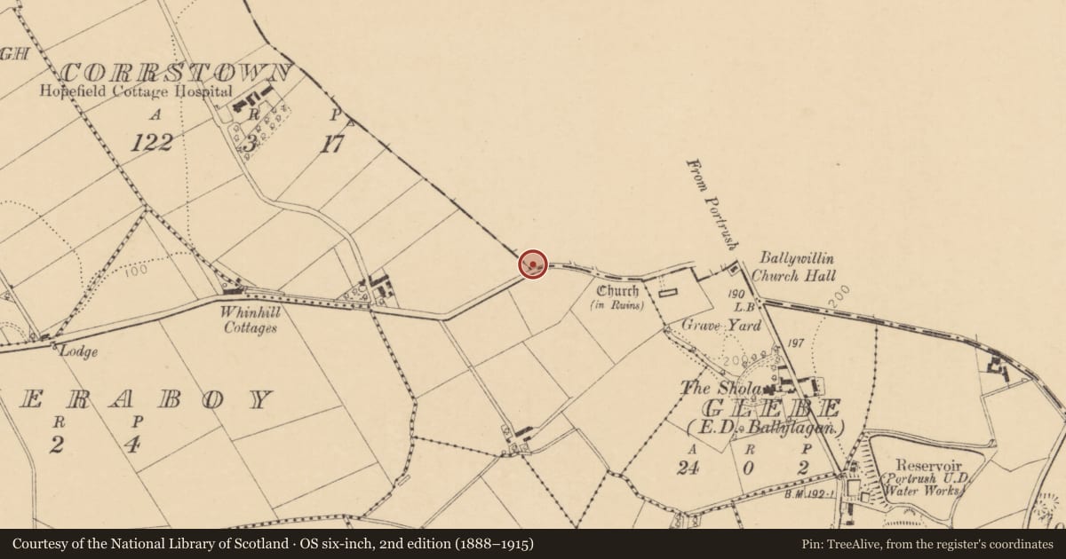 Ordnance Survey six-inch map, 2nd edition (1888–1915) covering the location of County Boundary Stone, 11 Magherabuoy Road, Ballywillian, Portrush, Co Antrim BT56 8NU, Corrstown, Causeway Coast and Glens, with a pin at the register's coordinates