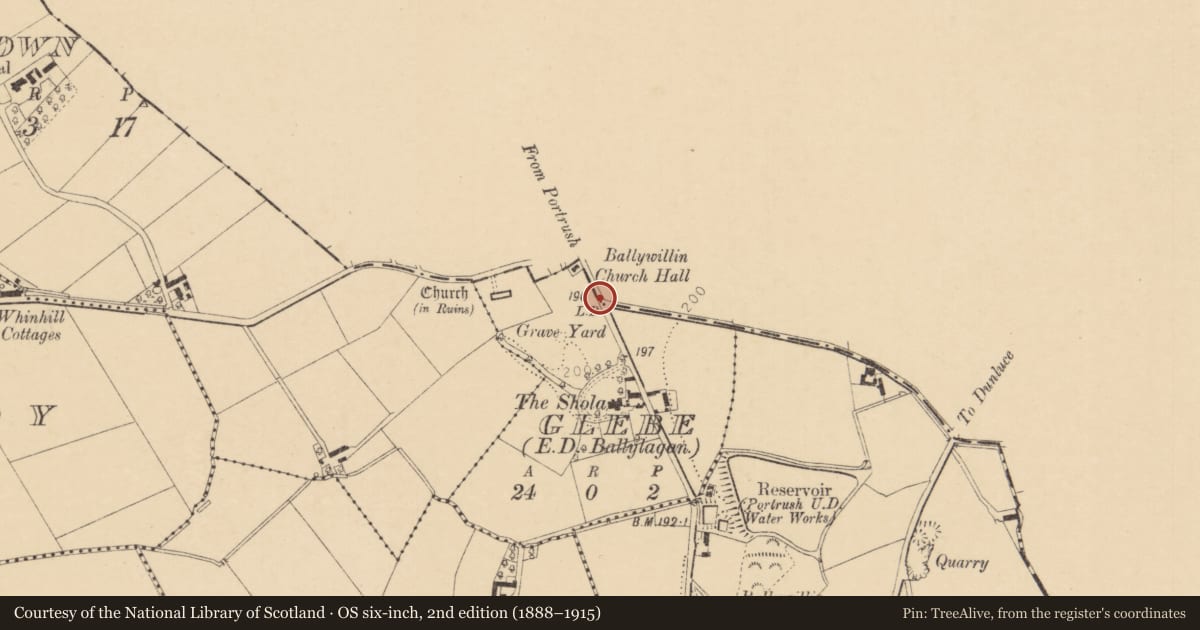 Ordnance Survey six-inch map, 2nd edition (1888–1915) covering the location of County Boundary Stone, 116 Gateside Road, Glebe, Ballywillian, BT56 8NP, Glebe (Ballywillian), Causeway Coast and Glens, with a pin at the register's coordinates
