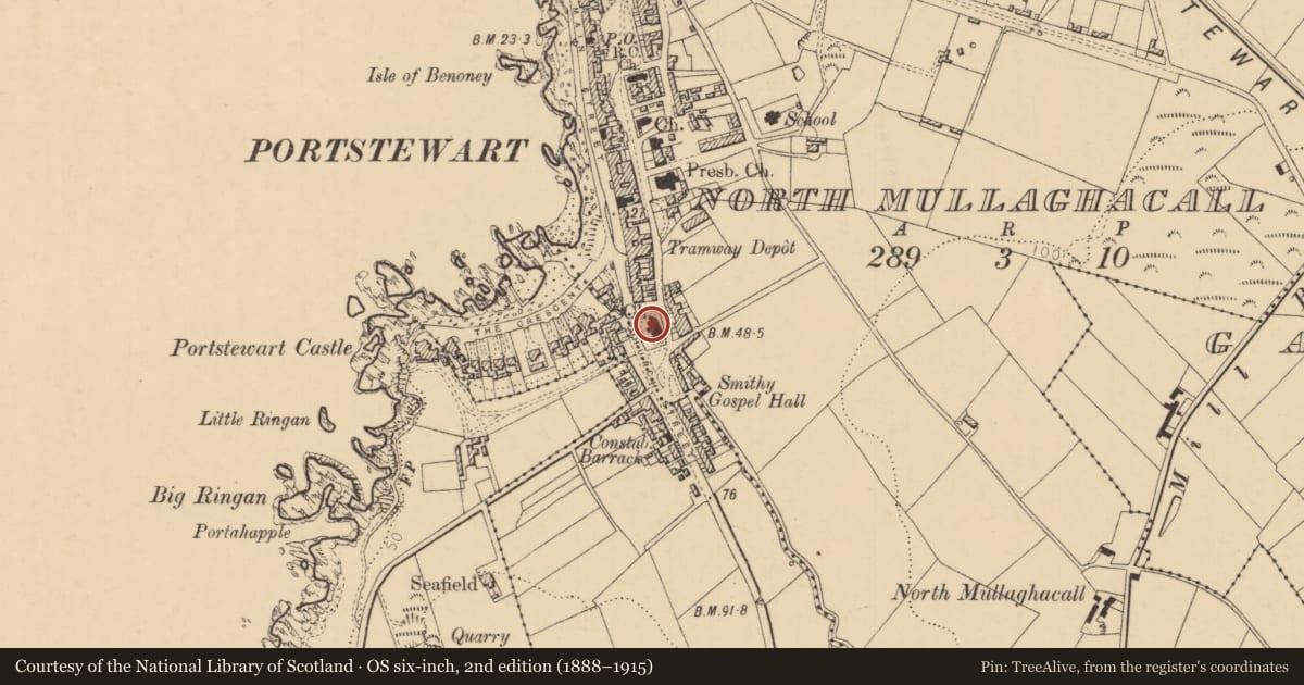 Ordnance Survey six-inch map, 2nd edition (1888–1915) covering the location of Agherton Parish Church, North Mullaghacall, Causeway Coast and Glens, with a pin at the register's coordinates