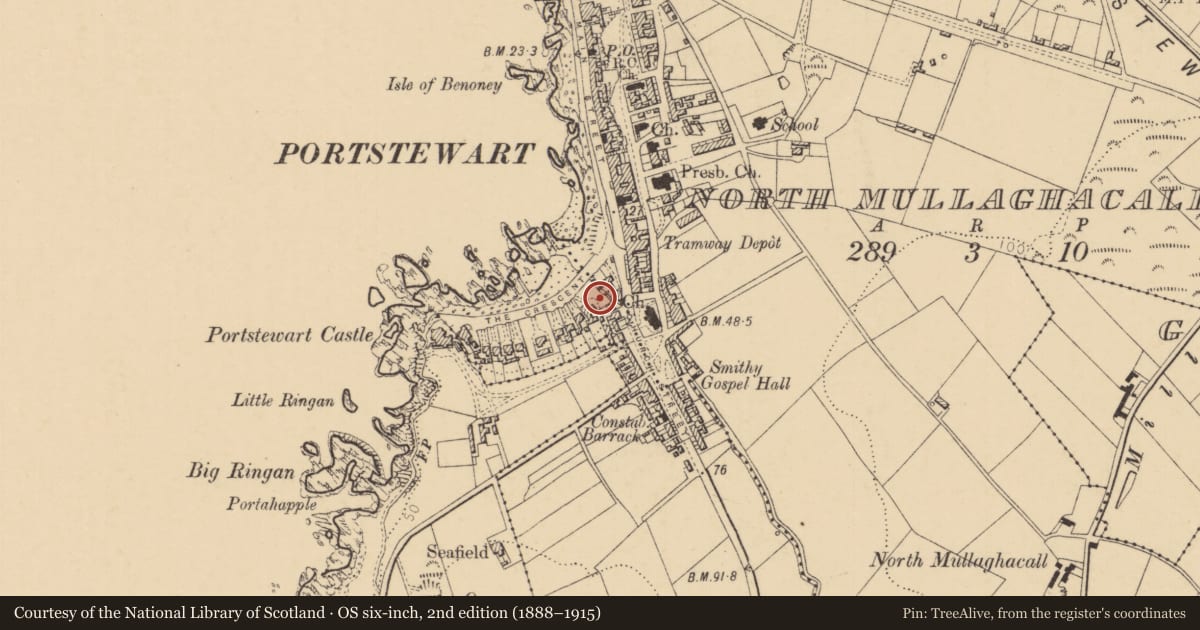 Ordnance Survey six-inch map, 2nd edition (1888–1915) covering the location of St Mary's Star of the Sea, East Tullaghmurry, Causeway Coast and Glens, with a pin at the register's coordinates