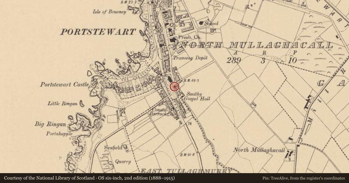 Ordnance Survey six-inch map, 2nd edition (1888–1915) covering the location of 1-3 The Diamond, North Mullaghacall, Causeway Coast and Glens, with a pin at the register's coordinates