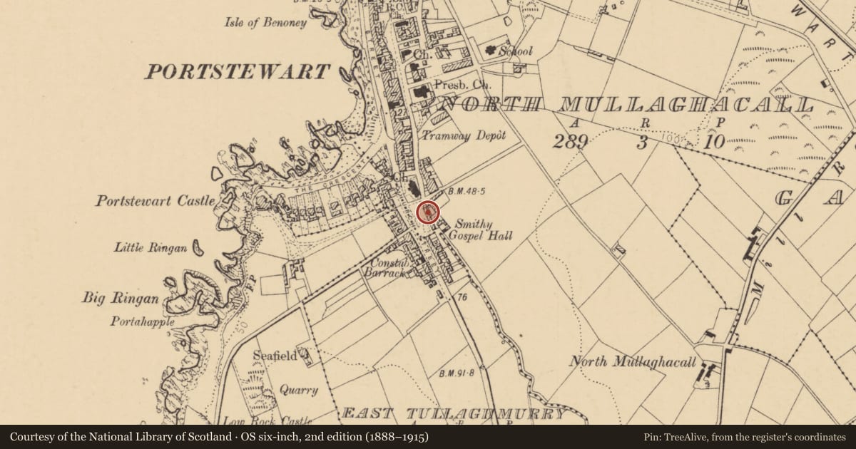 Ordnance Survey six-inch map, 2nd edition (1888–1915) covering the location of 5-7 The Diamond, North Mullaghacall, Causeway Coast and Glens, with a pin at the register's coordinates