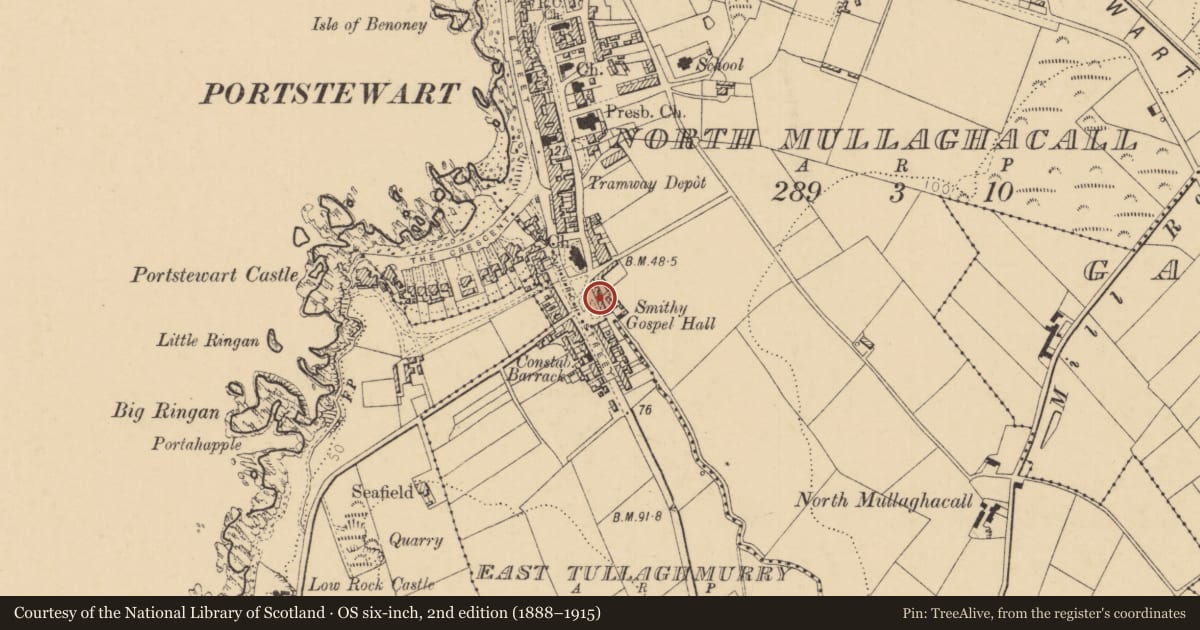 Ordnance Survey six-inch map, 2nd edition (1888–1915) covering the location of 9-11 The Diamond, North Mullaghacall, Causeway Coast and Glens, with a pin at the register's coordinates