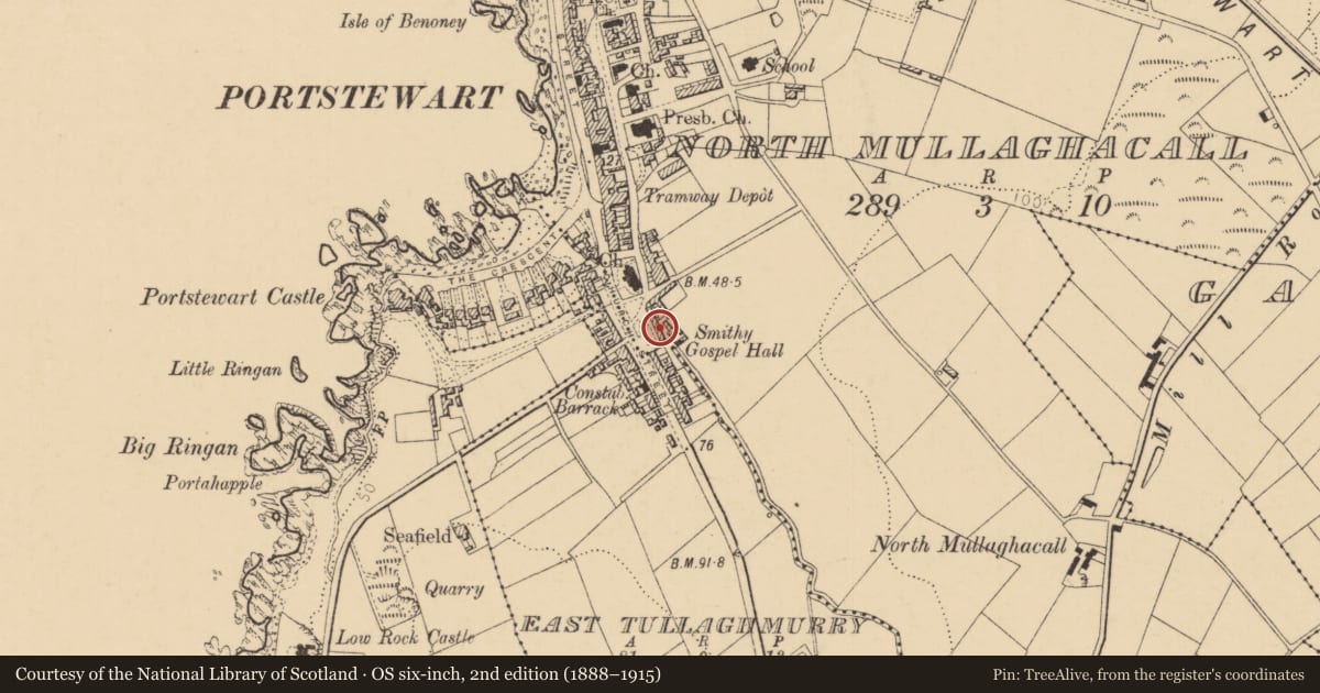 Ordnance Survey six-inch map, 2nd edition (1888–1915) covering the location of 13 The Diamond, North Mullaghacall, Causeway Coast and Glens, with a pin at the register's coordinates