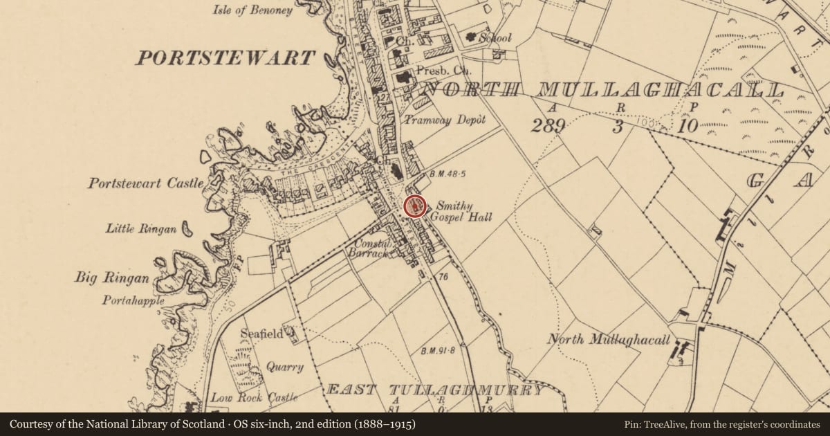 Ordnance Survey six-inch map, 2nd edition (1888–1915) covering the location of 15 The Diamond, North Mullaghacall, Causeway Coast and Glens, with a pin at the register's coordinates