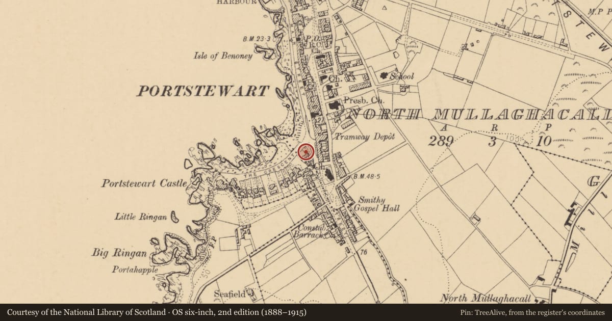 Ordnance Survey six-inch map, 2nd edition (1888–1915) covering the location of Town Hall, North Mullaghacall, Causeway Coast and Glens, with a pin at the register's coordinates