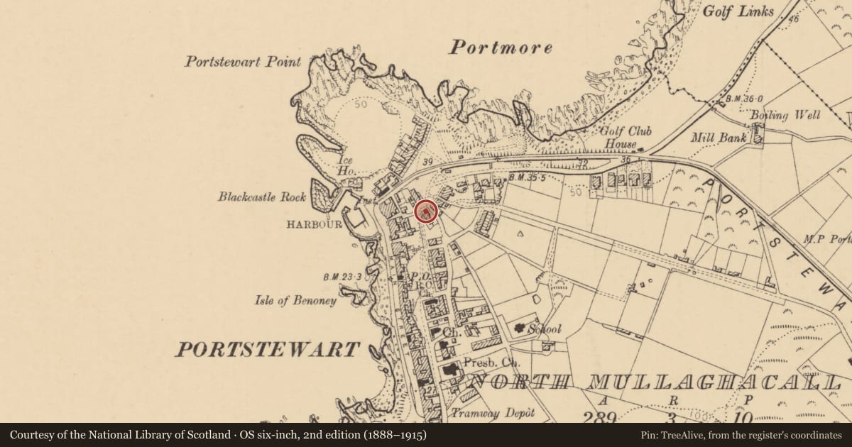 Ordnance Survey six-inch map, 2nd edition (1888–1915) covering the location of 6 and 7 The Hill, Causeway Coast and Glens, with a pin at the register's coordinates