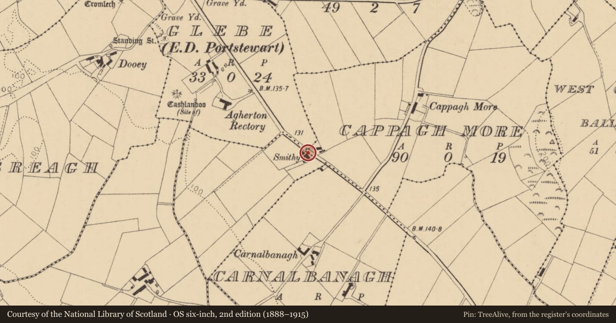 Ordnance Survey six-inch map, 2nd edition (1888–1915) covering the location of Disused forge, Cappaghmore, Causeway Coast and Glens, with a pin at the register's coordinates