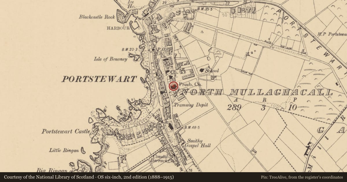 Ordnance Survey six-inch map, 2nd edition (1888–1915) covering the location of Portstewart Presbyterian Church, North Mullaghacall, Causeway Coast and Glens, with a pin at the register's coordinates