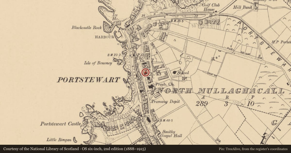 Ordnance Survey six-inch map, 2nd edition (1888–1915) covering the location of Dr. Adam Clarke Memorial Methodist Church, North Mullaghacall, Causeway Coast and Glens, with a pin at the register's coordinates