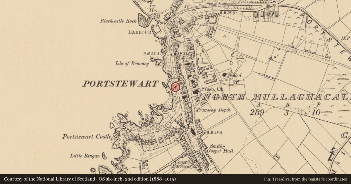 Ordnance Survey six-inch map, 2nd edition (1888–1915) covering the location of Promenade and harbour, Causeway Coast and Glens, with a pin at the register's coordinates