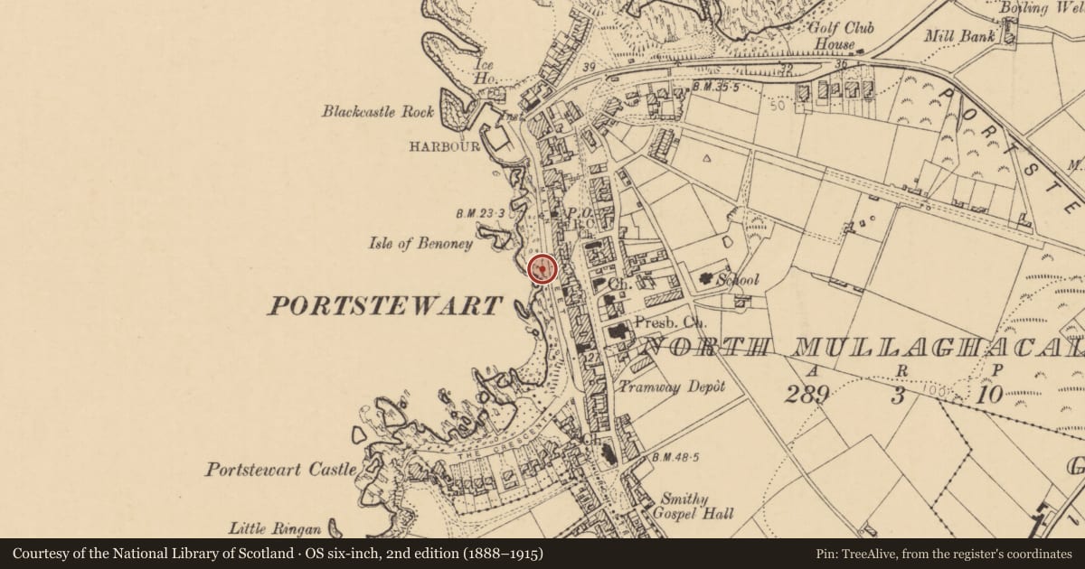 Ordnance Survey six-inch map, 2nd edition (1888–1915) covering the location of Portstewart War Memorial, North Mullaghacall, Causeway Coast and Glens, with a pin at the register's coordinates