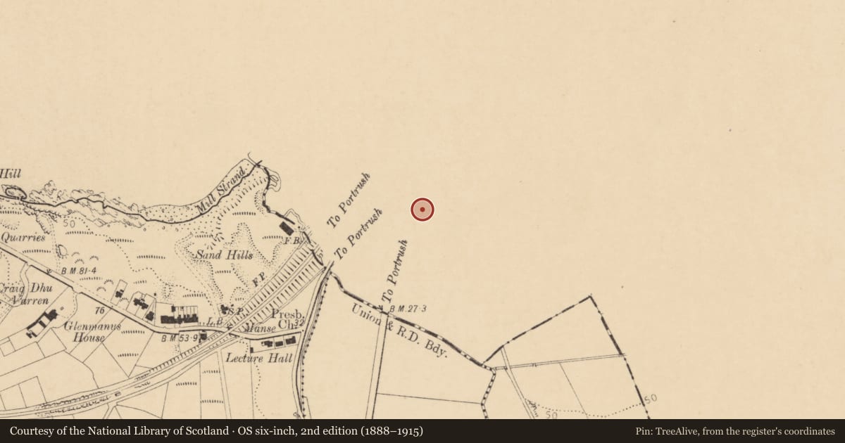 Ordnance Survey six-inch map, 2nd edition (1888–1915) covering the location of Police Station, Portrush, Causeway Coast and Glens, with a pin at the register's coordinates