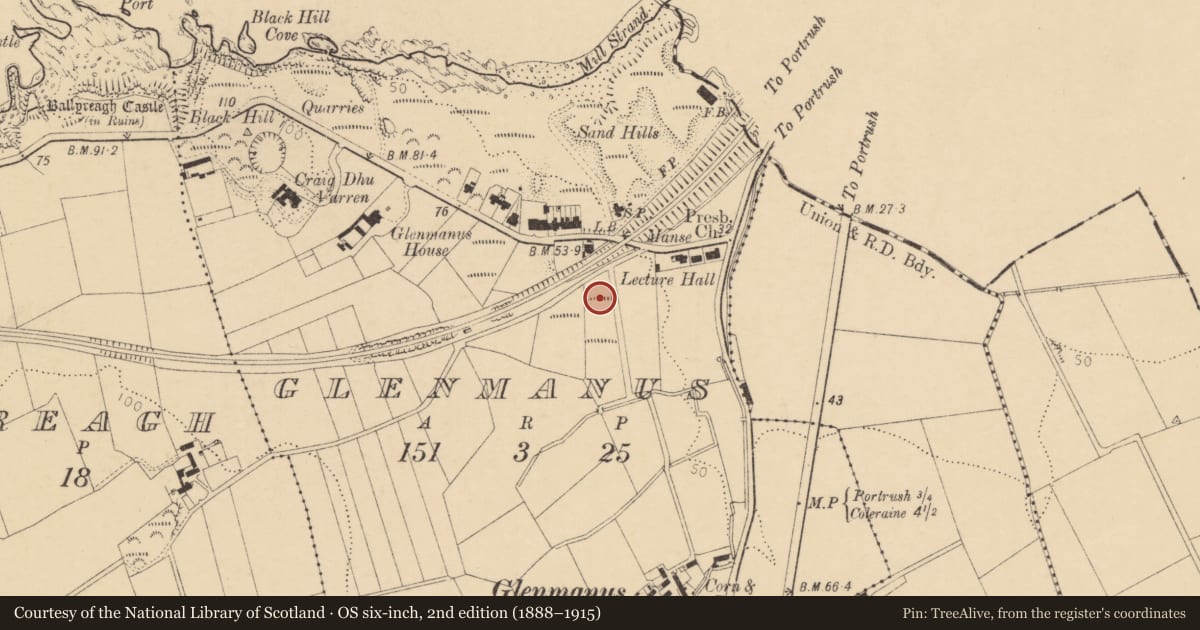Ordnance Survey six-inch map, 2nd edition (1888–1915) covering the location of 6 Dhu Varren Park, Glenmanus, Causeway Coast and Glens, with a pin at the register's coordinates