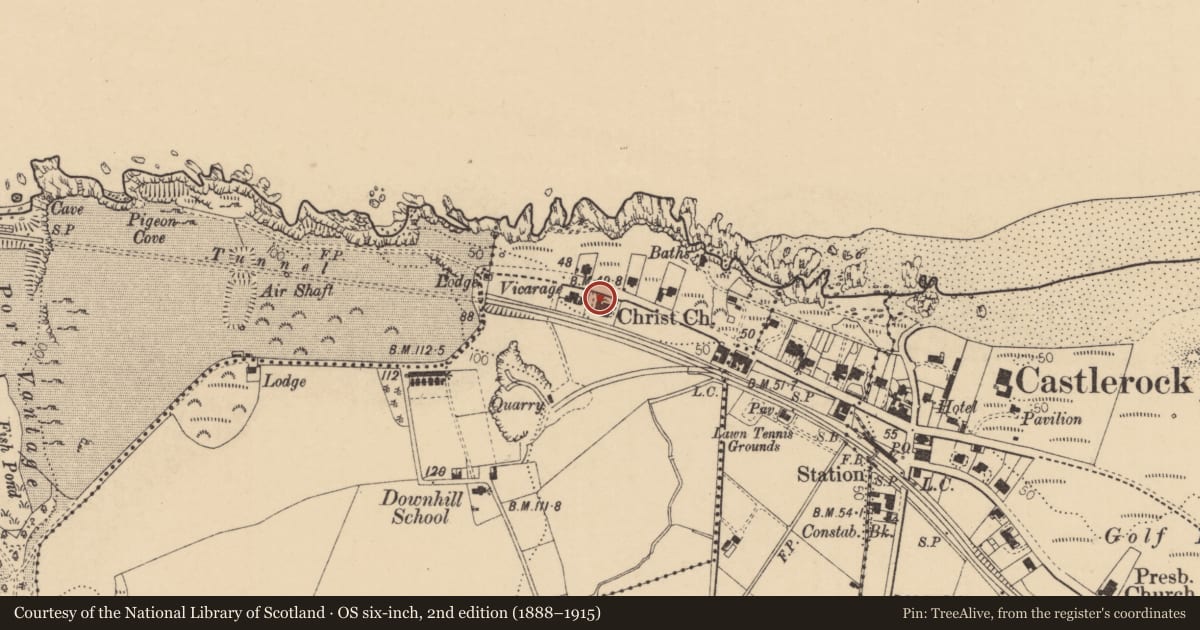 Ordnance Survey six-inch map, 2nd edition (1888–1915) covering the location of Christ Church, Causeway Coast and Glens, with a pin at the register's coordinates