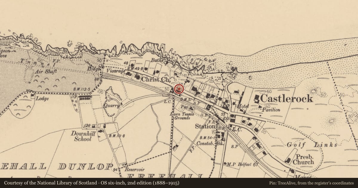 Ordnance Survey six-inch map, 2nd edition (1888–1915) covering the location of 2 Babington Terrace, Freehall Watson, Causeway Coast and Glens, with a pin at the register's coordinates