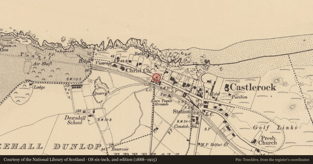 Ordnance Survey six-inch map, 2nd edition (1888–1915) covering the location of 4 Babington Terrace, Freehall Watson, Causeway Coast and Glens, with a pin at the register's coordinates