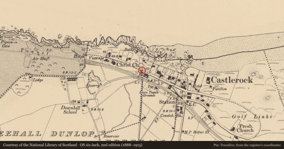 Ordnance Survey six-inch map, 2nd edition (1888–1915) covering the location of 1 Clifton Terrace, Freehall Dunlop, Causeway Coast and Glens, with a pin at the register's coordinates