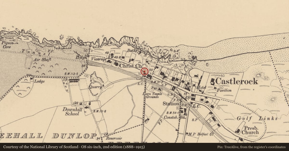 Ordnance Survey six-inch map, 2nd edition (1888–1915) covering the location of 2 Clifton Terrace, Freehall Dunlop, Causeway Coast and Glens, with a pin at the register's coordinates