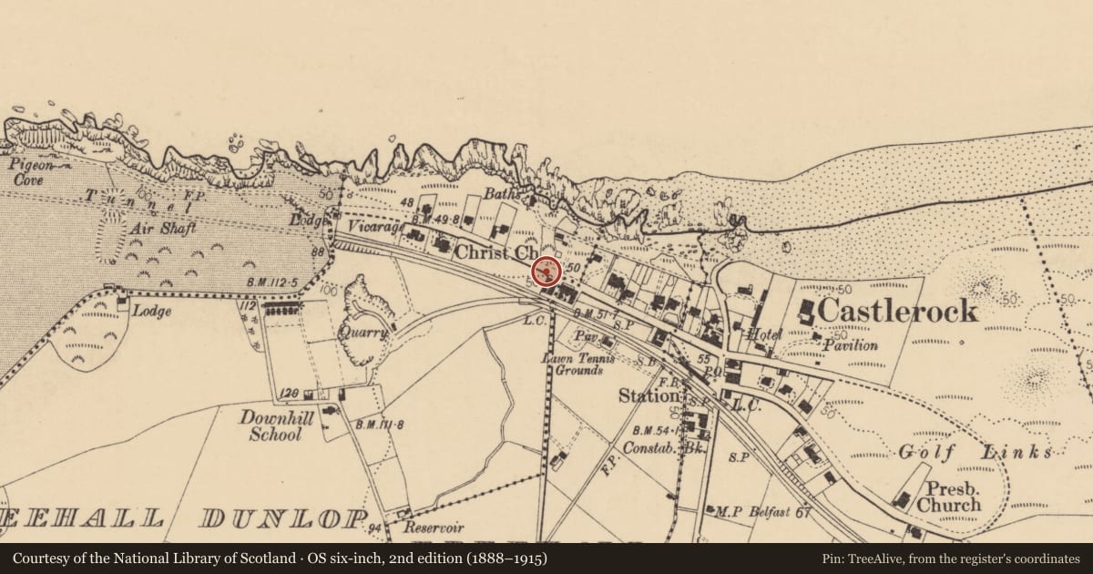 Ordnance Survey six-inch map, 2nd edition (1888–1915) covering the location of 3 Clifton Terrace, Freehall Dunlop, Causeway Coast and Glens, with a pin at the register's coordinates