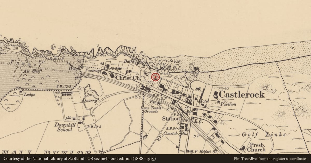 Ordnance Survey six-inch map, 2nd edition (1888–1915) covering the location of Atlantic Lodge, Freehall Watson, Causeway Coast and Glens, with a pin at the register's coordinates