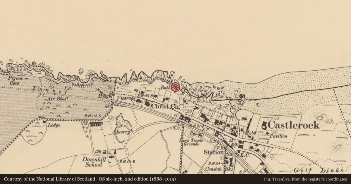 Ordnance Survey six-inch map, 2nd edition (1888–1915) covering the location of Rock Ryan House, Freehall Dunlop, Causeway Coast and Glens, with a pin at the register's coordinates
