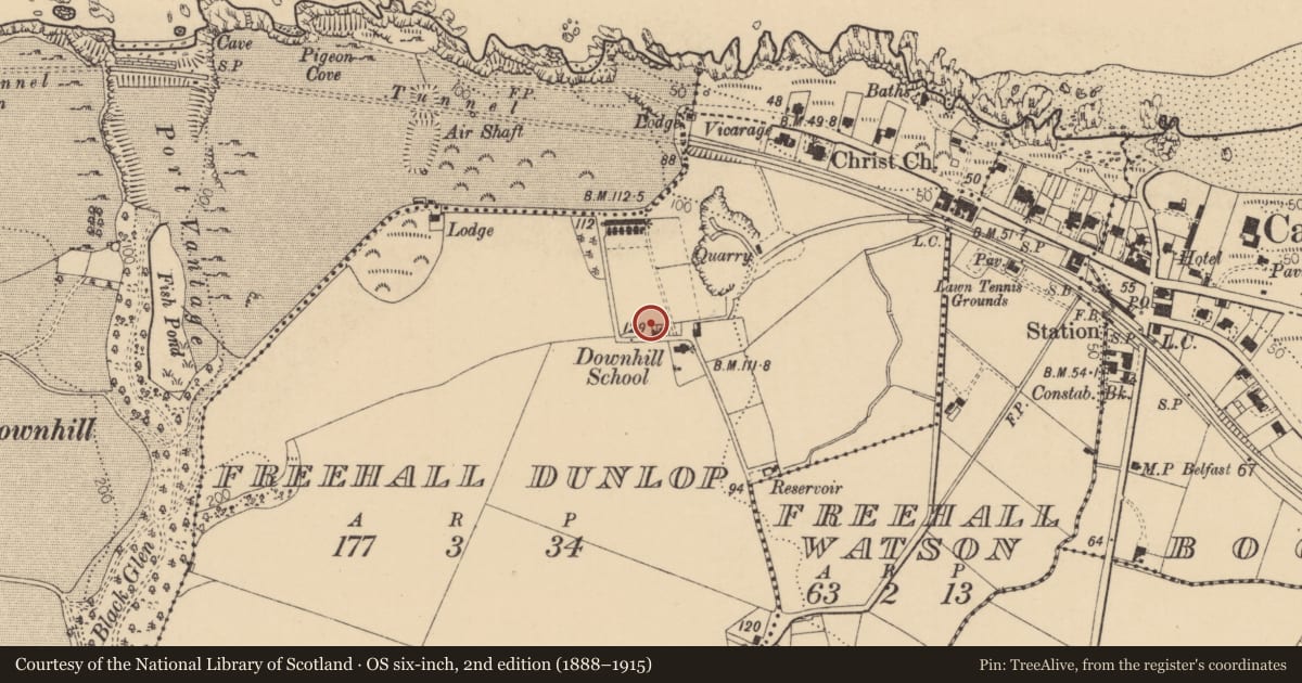 Ordnance Survey six-inch map, 2nd edition (1888–1915) covering the location of 12 School Lane, Freehall Dunlop, Causeway Coast and Glens, with a pin at the register's coordinates
