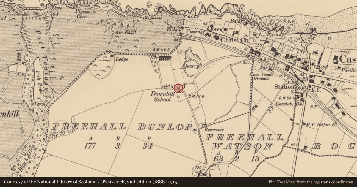 Ordnance Survey six-inch map, 2nd edition (1888–1915) covering the location of 21 School Lane, Freehall Dunlop, Causeway Coast and Glens, with a pin at the register's coordinates