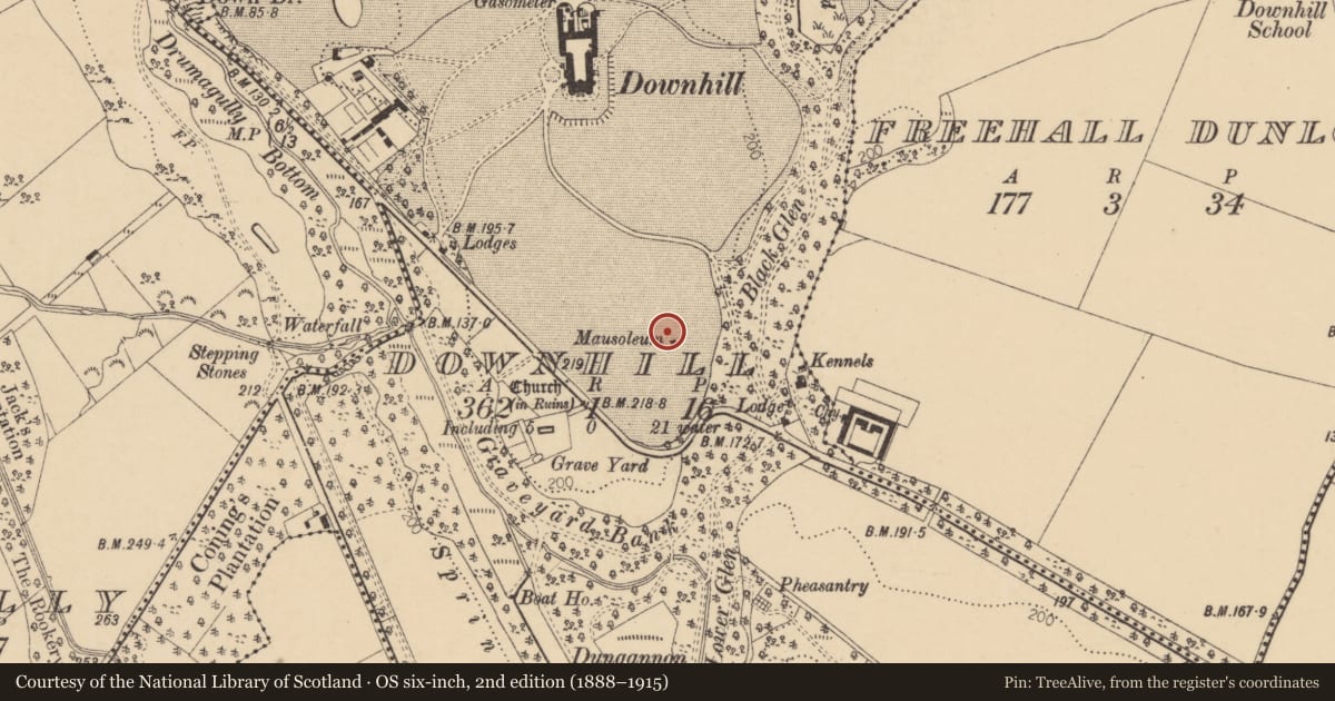 Ordnance Survey six-inch map, 2nd edition (1888–1915) covering the location of Mausoleum, Downhill, Causeway Coast and Glens, with a pin at the register's coordinates