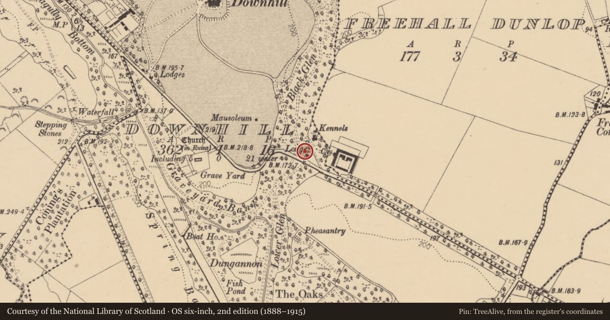 Ordnance Survey six-inch map, 2nd edition (1888–1915) covering the location of Bishops Gate, Downhill, Causeway Coast and Glens, with a pin at the register's coordinates