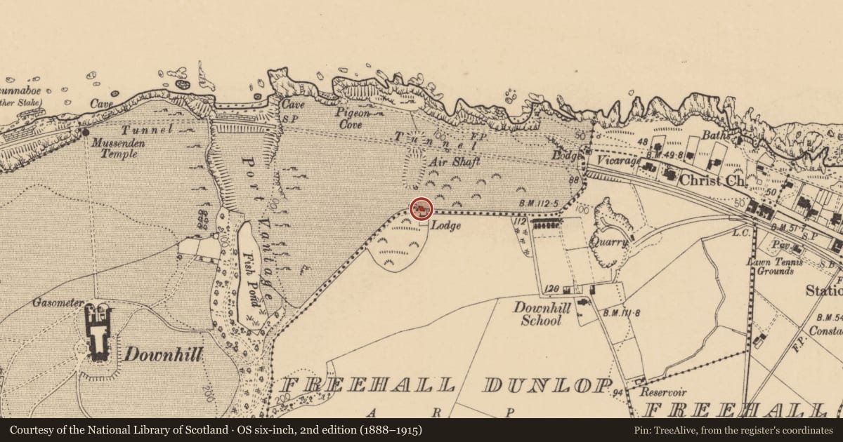 Ordnance Survey six-inch map, 2nd edition (1888–1915) covering the location of Black Glen Lodge Cottage, Freehall Dunlop, Causeway Coast and Glens, with a pin at the register's coordinates